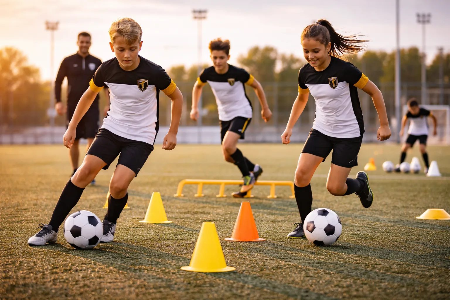 Dynamischer junger Fußballspieler in Aktion, professionelle Beleuchtung, dunkler Hintergrund, sportliche Atmosphäre