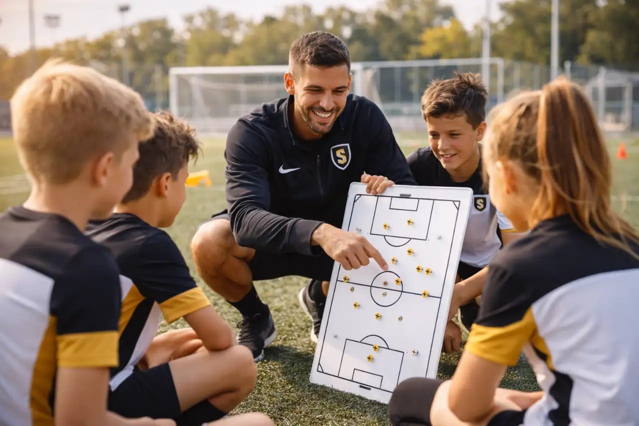 Engagierter Fussballtrainer im Gespräch mit Spieler, Seitenlinie, professioneller Kontext, dunkel und stimmungsvoll