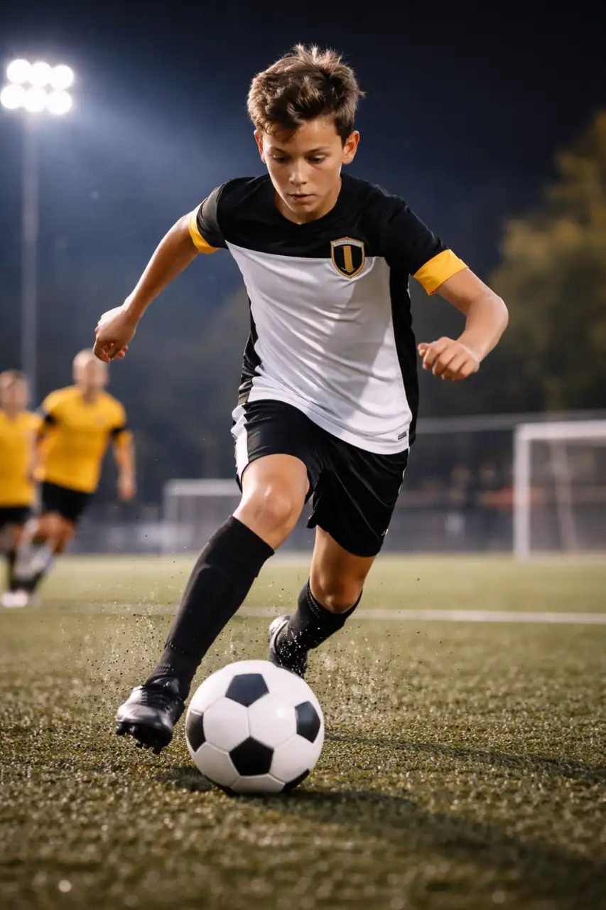 Professionelles Einzeltraining Fussball, Fokus auf Ballkontrolle, Trainer im Hintergrund, dramatische Beleuchtung