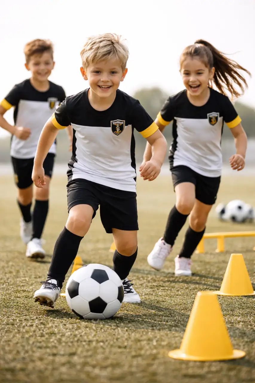 Gruppenbild Fussballcamp, dynamische Szene, Jugendliche beim Jubeln, hochauflösend, sportlich